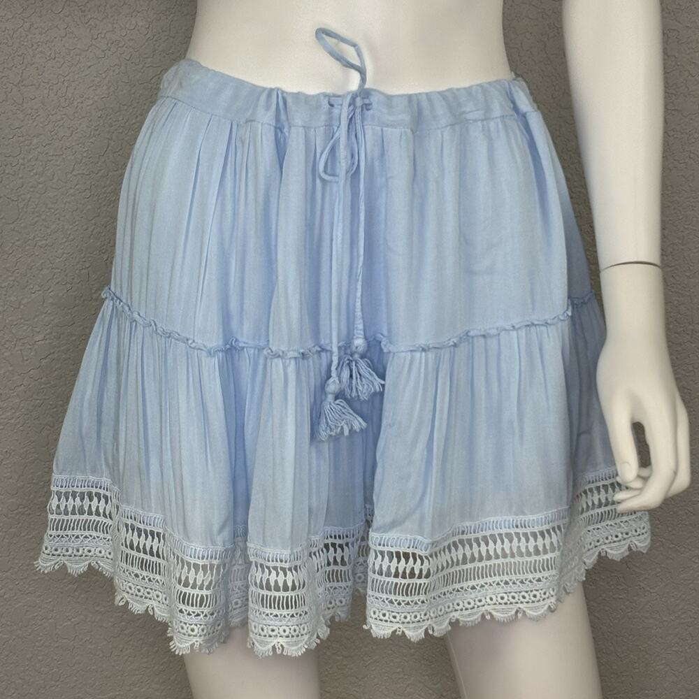 Anthropologie Beachgold Mini Skirt Tiered Lace Trim Coquette Light Blue Size M
